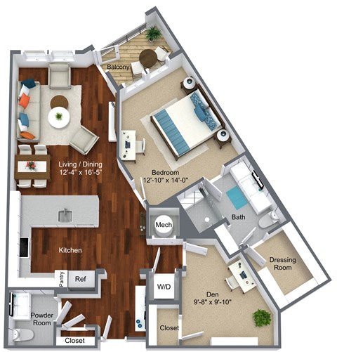 Floor plan for 2 beds, 1.5 baths, 1021 sqft